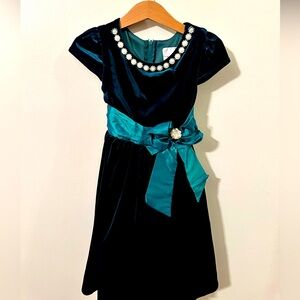Vintage Rare Editions Girls Velvet Dark Green Dress Pearls Satin Holiday  5